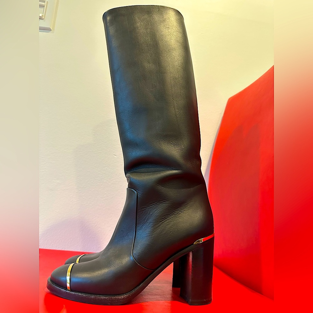 Chanel tall block heel boots with logo and gold metal cap toe detail
